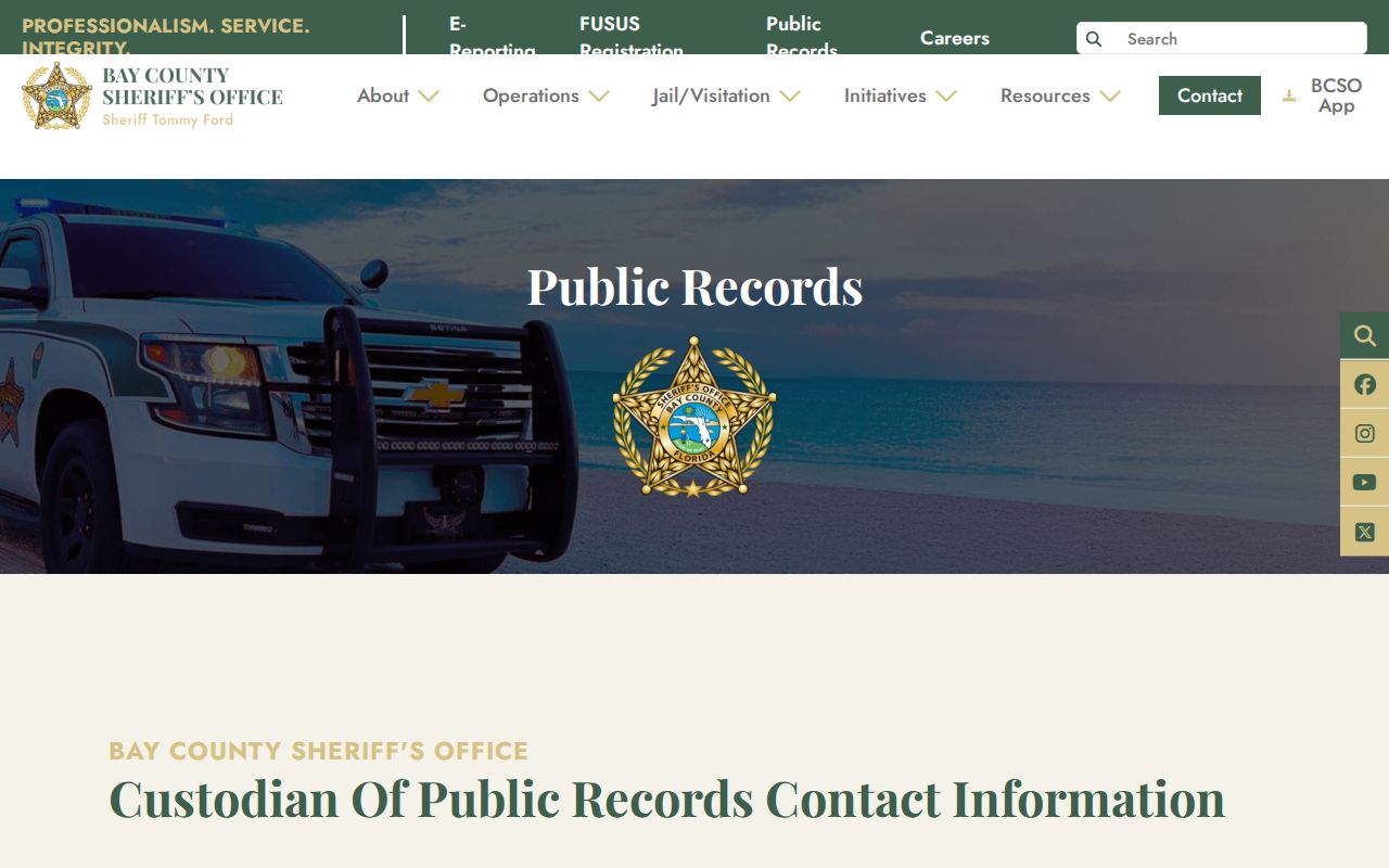 Bay County Sheriff public records custodian contact and GovTransfer request path