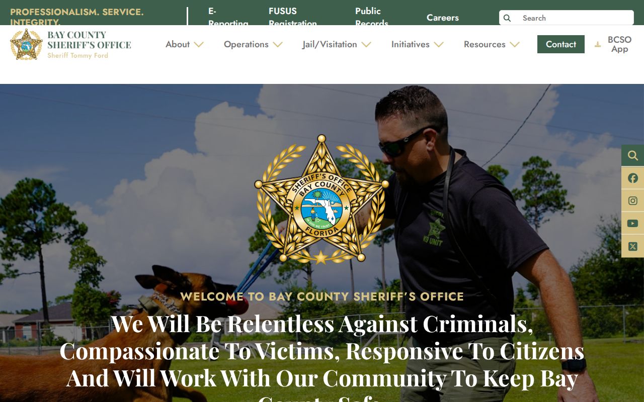 Bay County Sheriff home page with links to inmate search, records, VINE, and police resources