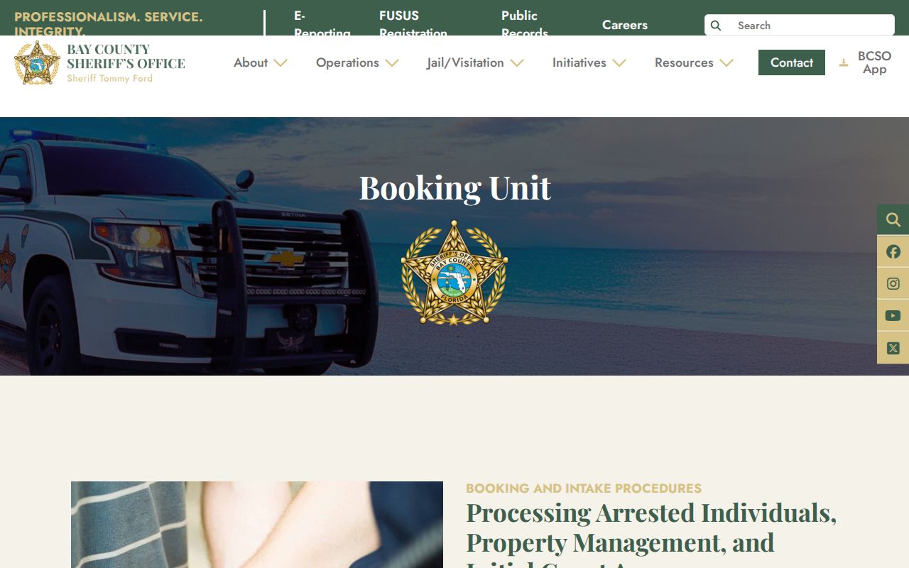 Bay County Sheriff Booking Unit page explaining intake, booking photos, and first appearance
