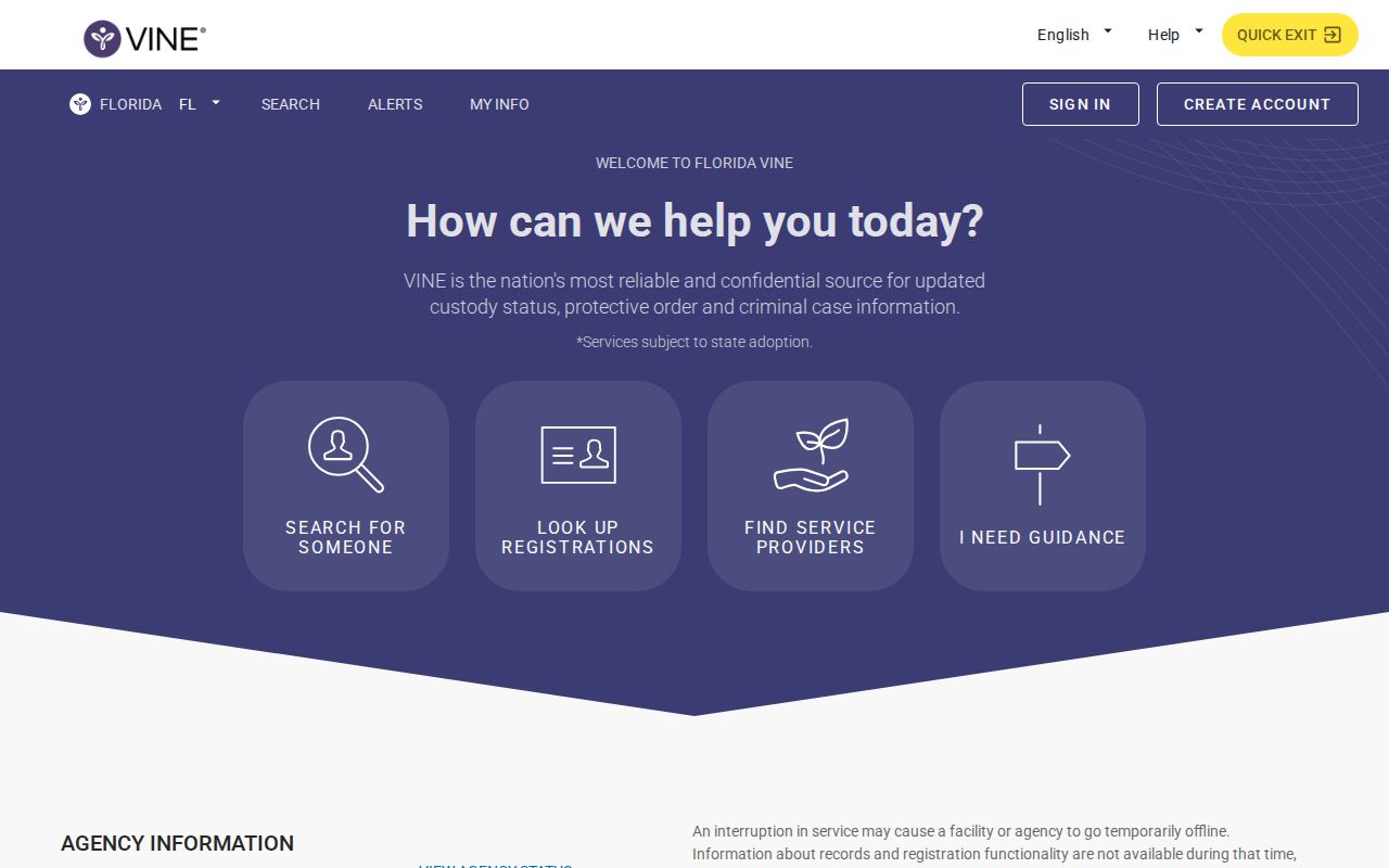 Florida VINELink Bay County custody search and notification interface