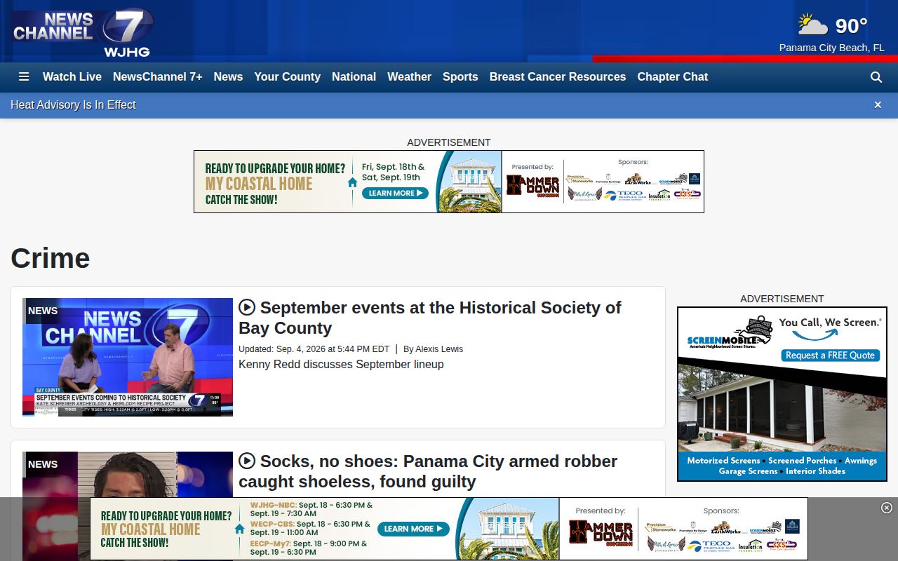WJHG local crime news page showing selective editorial coverage