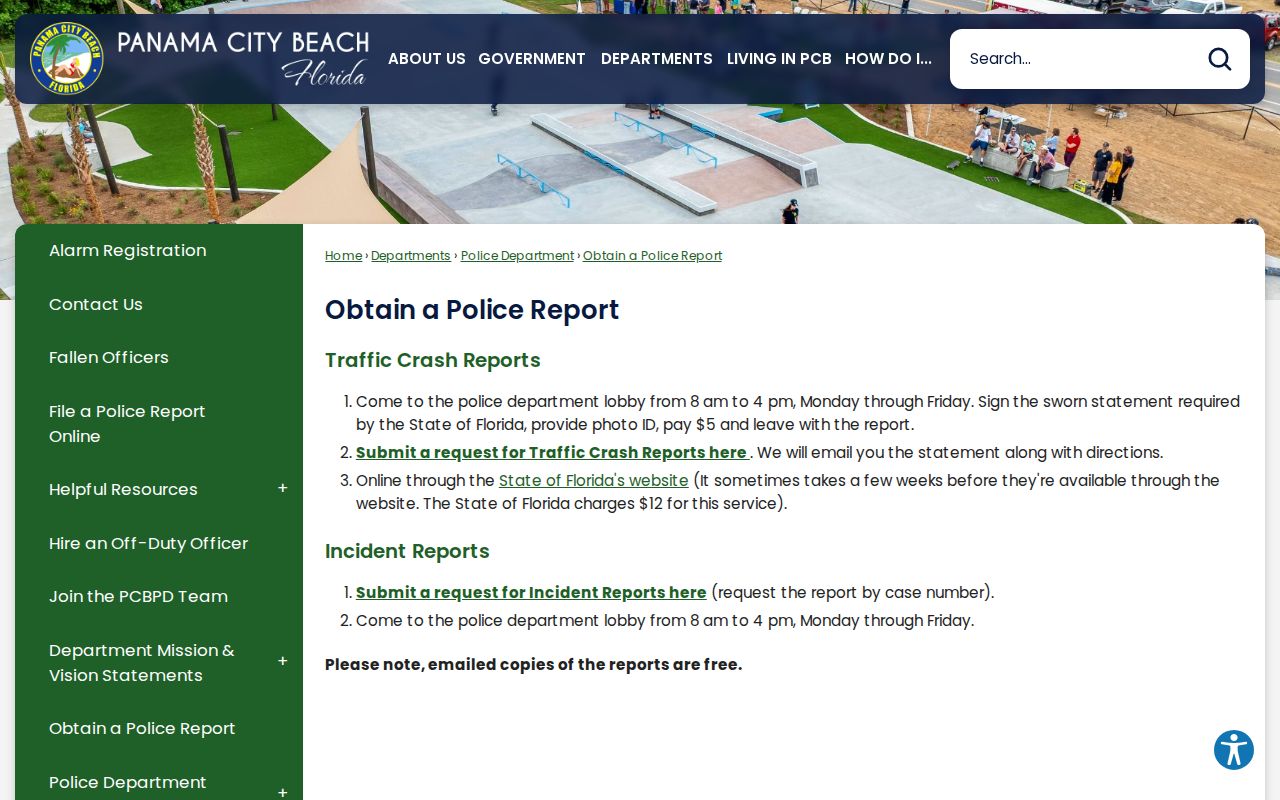 Panama City Beach official police report request page showing lobby and NextRequest options